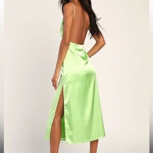 NEW Lulu’s Glow And Behold Lime Green Satin Midi Dress